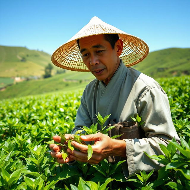 A male worker engaged diligently in a lush tea garden, surrounded by vibrant green tea bushes, under a clear blue sky