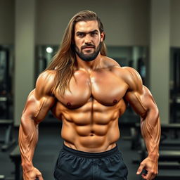 A full body portrait of a medium-built bodybuilder posing confidently