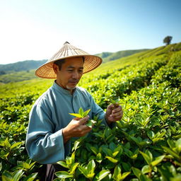 A male worker engaged diligently in a lush tea garden, surrounded by vibrant green tea bushes, under a clear blue sky
