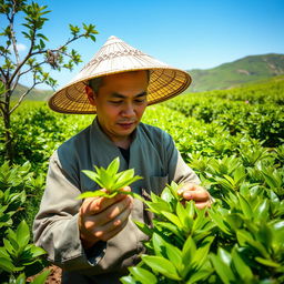 A male worker engaged diligently in a lush tea garden, surrounded by vibrant green tea bushes, under a clear blue sky