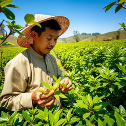 A male worker engaged diligently in a lush tea garden, surrounded by vibrant green tea bushes, under a clear blue sky