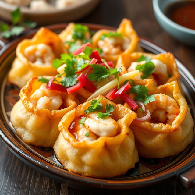 A visually appealing dish of fried dim sum filled with chicken, shrimp, crab, and vegan options, topped with Japanese mentai sauce, garnished with fresh herbs and bright vegetables