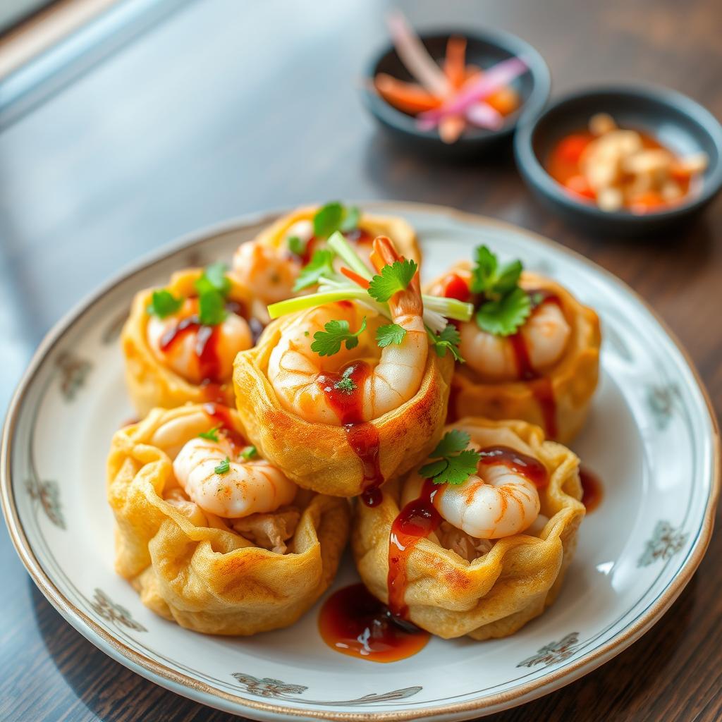A visually appealing dish of fried dim sum filled with chicken, shrimp, crab, and vegan options, topped with Japanese mentai sauce, garnished with fresh herbs and bright vegetables