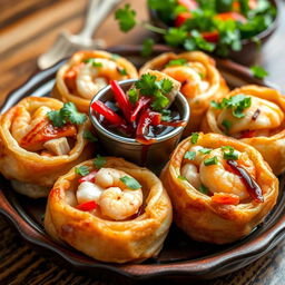 A visually appealing dish of fried dim sum filled with chicken, shrimp, crab, and vegan options, topped with Japanese mentai sauce, garnished with fresh herbs and bright vegetables