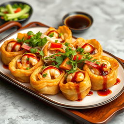 A visually appealing dish of fried dim sum filled with chicken, shrimp, crab, and vegan options, topped with Japanese mentai sauce, garnished with fresh herbs and bright vegetables