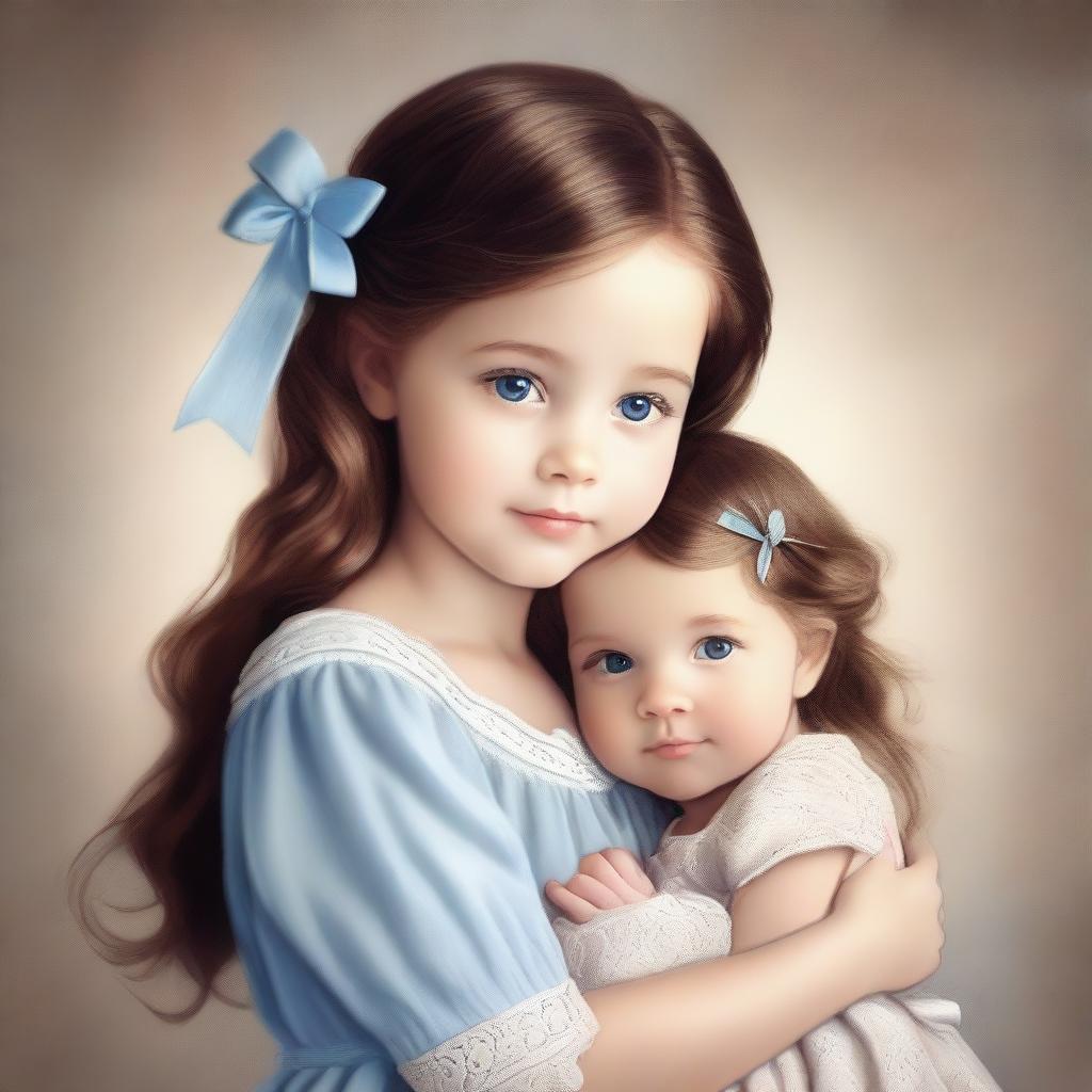 A touching digital art image illustrating a 7-year-old girl with brown hair, blue eyes, and a small bow in her hair, tenderly holding her newborn sister