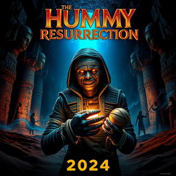 A striking movie poster for 'The Mummy Resurrection (2024)', featuring an ancient Egyptian tomb illuminated by a mysterious blue light