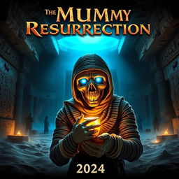 A striking movie poster for 'The Mummy Resurrection (2024)', featuring an ancient Egyptian tomb illuminated by a mysterious blue light