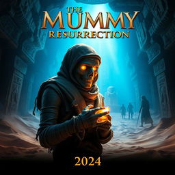 A striking movie poster for 'The Mummy Resurrection (2024)', featuring an ancient Egyptian tomb illuminated by a mysterious blue light