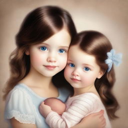 A touching digital art image illustrating a 7-year-old girl with brown hair, blue eyes, and a small bow in her hair, tenderly holding her newborn sister