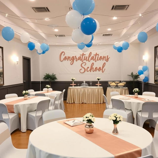A beautifully decorated school year-end party room featuring a color scheme of blue, rose gold, and white