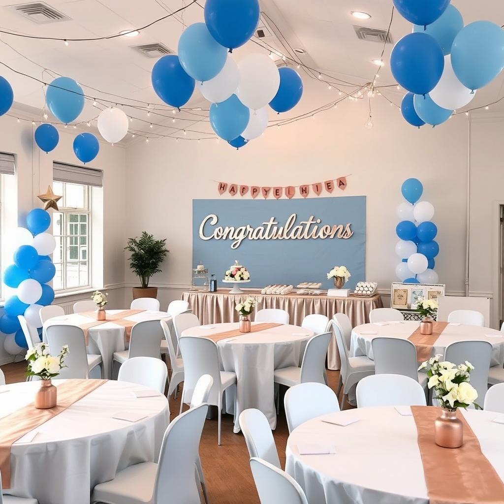 A beautifully decorated school year-end party room featuring a color scheme of blue, rose gold, and white