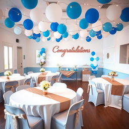 A beautifully decorated school year-end party room featuring a color scheme of blue, rose gold, and white