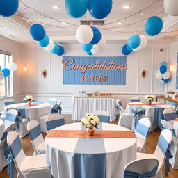 A beautifully decorated school year-end party room featuring a color scheme of blue, rose gold, and white