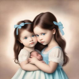 A touching digital art image illustrating a 7-year-old girl with brown hair, blue eyes, and a small bow in her hair, tenderly holding her newborn sister