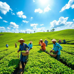 A group of men workers diligently tending to tea plants in a lush green tea garden in Assam, India