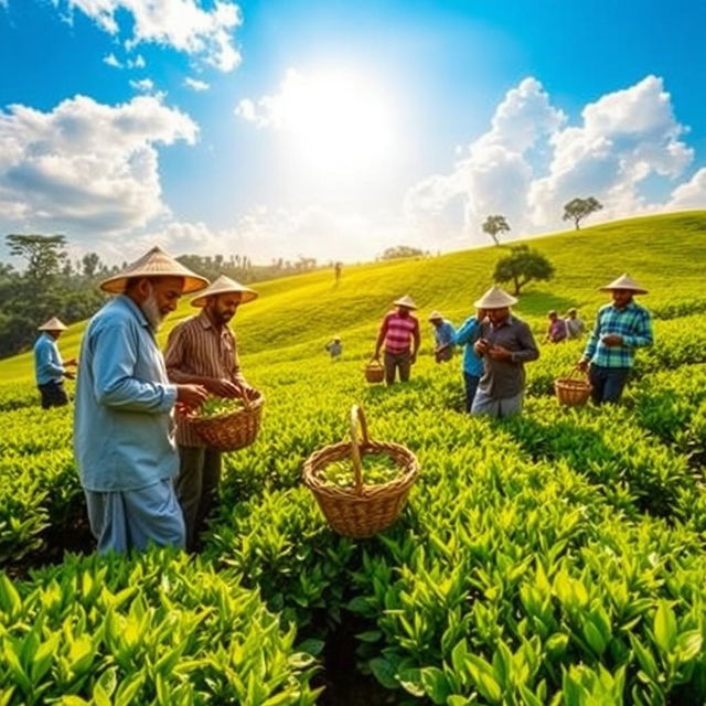 A group of men workers diligently tending to tea plants in a lush green tea garden in Assam, India