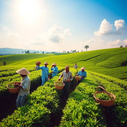 A group of men workers diligently tending to tea plants in a lush green tea garden in Assam, India