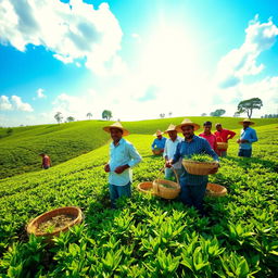 A group of men workers diligently tending to tea plants in a lush green tea garden in Assam, India