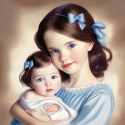 A touching digital art image illustrating a 7-year-old girl with brown hair, blue eyes, and a small bow in her hair, tenderly holding her newborn sister