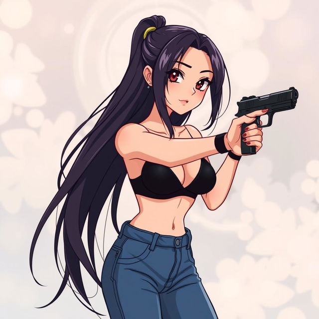 A girl with long hair styled in a black bra and fashionable jean pants, confidently holding a sleek black pistol for defense purposes