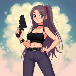 A girl with long hair styled in a black bra and fashionable jean pants, confidently holding a sleek black pistol for defense purposes