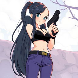 A girl with long hair styled in a black bra and fashionable jean pants, confidently holding a sleek black pistol for defense purposes