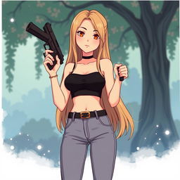 A girl with long hair styled in a black bra and fashionable jean pants, confidently holding a sleek black pistol for defense purposes