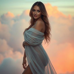 A sensual scene featuring an alluring model in elegant, flowing, translucent fabric that gracefully drapes over her body, creating a captivating silhouette