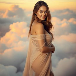A sensual scene featuring an alluring model in elegant, flowing, translucent fabric that gracefully drapes over her body, creating a captivating silhouette