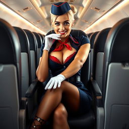 A sexy light-skinned flight attendant in a dark blue uniform with a mini skirt, a flight attendant hat, and a top featuring a large neckline that shows a peek of her red bra