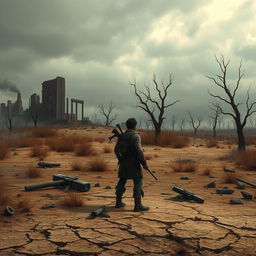 A dystopian landscape titled 'The Dead Land', showcasing a post-apocalyptic world