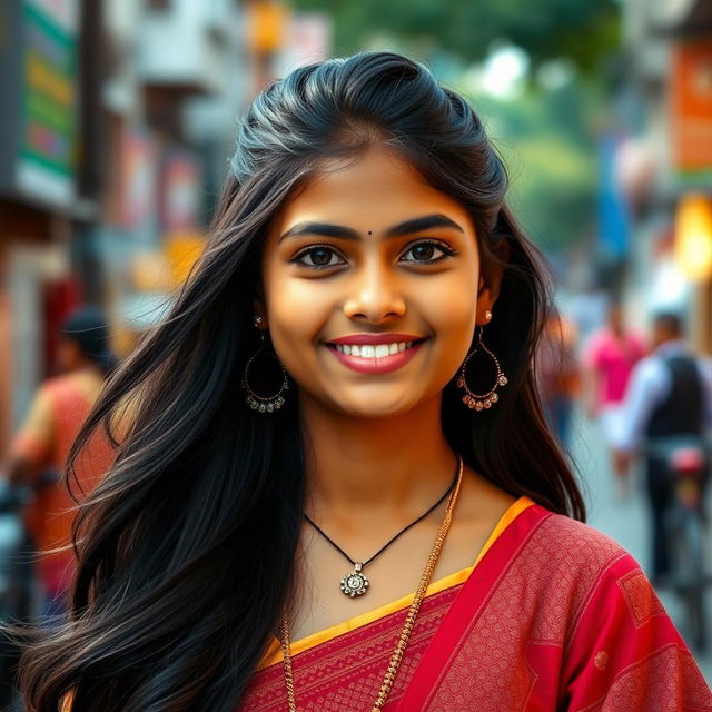 A portrait of a modern South Indian girl with long, flowing black hair styled elegantly, bright expressive eyes, and a radiant smile