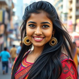 A portrait of a modern South Indian girl with long, flowing black hair styled elegantly, bright expressive eyes, and a radiant smile