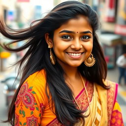 A portrait of a modern South Indian girl with long, flowing black hair styled elegantly, bright expressive eyes, and a radiant smile