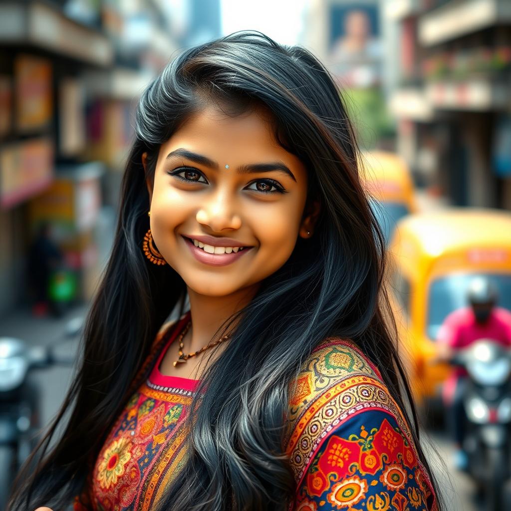 A portrait of a modern South Indian girl with long, flowing black hair styled elegantly, bright expressive eyes, and a radiant smile