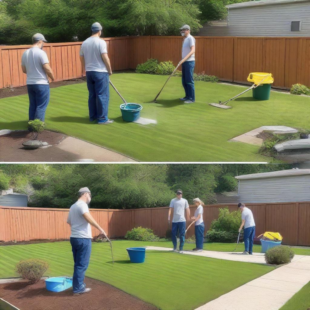 Generate a detailed image depicting a backyard 'before and after' cleaning scene, featuring people actively engaged in the cleaning process