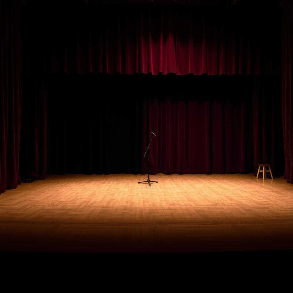 An empty stage viewed from the side, featuring subtle lighting that slightly illuminates the wooden floor, with a backdrop of velvet curtains in a deep crimson color