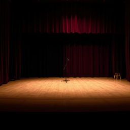 An empty stage viewed from the side, featuring subtle lighting that slightly illuminates the wooden floor, with a backdrop of velvet curtains in a deep crimson color