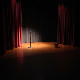 An empty stage viewed from the side, featuring subtle lighting that slightly illuminates the wooden floor, with a backdrop of velvet curtains in a deep crimson color