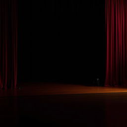 An empty stage viewed from the side, featuring subtle lighting that slightly illuminates the wooden floor, with a backdrop of velvet curtains in a deep crimson color