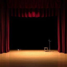 An empty stage viewed from the side, featuring subtle lighting that slightly illuminates the wooden floor, with a backdrop of velvet curtains in a deep crimson color
