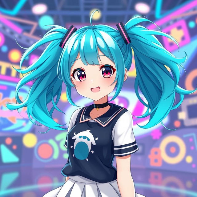 An anime-style VTuber model of a girl with bright teal pigtails, vibrant and flowing, adorned with cute hair accessories