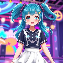 An anime-style VTuber model of a girl with bright teal pigtails, vibrant and flowing, adorned with cute hair accessories