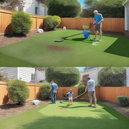 Generate a detailed image depicting a backyard 'before and after' cleaning scene, featuring people actively engaged in the cleaning process