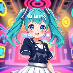 An anime-style VTuber model of a girl with bright teal pigtails, vibrant and flowing, adorned with cute hair accessories