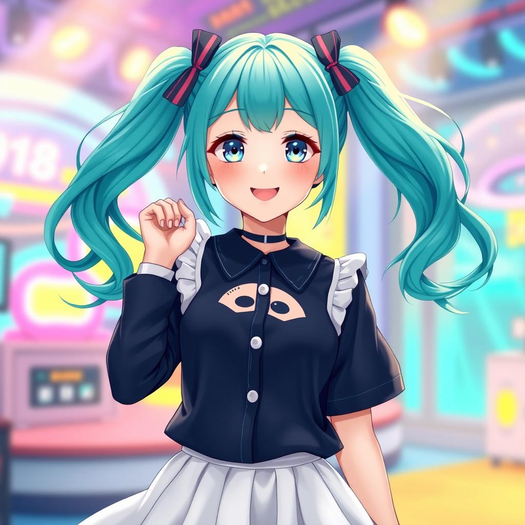 An anime-style VTuber model of a girl with bright teal pigtails, vibrant and flowing, adorned with cute hair accessories