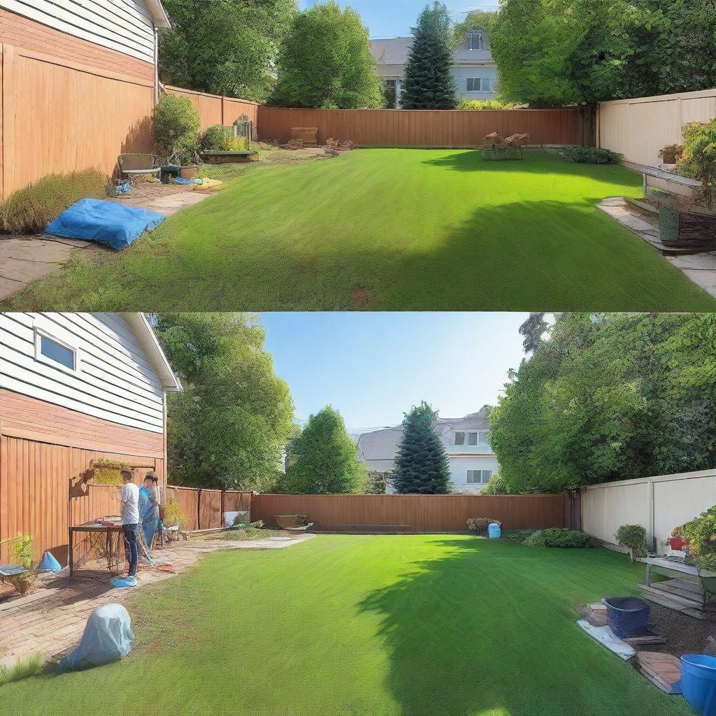 Generate a detailed image depicting a backyard 'before and after' cleaning scene, featuring people actively engaged in the cleaning process