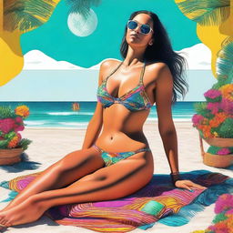 An artistic digital rendering showcasing a woman in her 30s wearing a bikini, with a unique twist