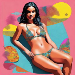 An artistic digital rendering showcasing a woman in her 30s wearing a bikini, with a unique twist